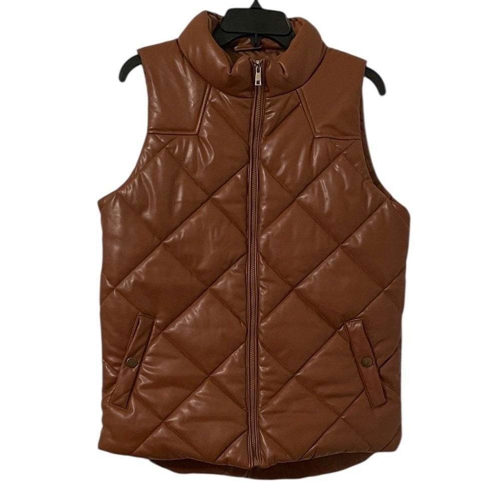 Zenana Women's Caramel Brown Quilted Faux Leather Double Pocket Vest Size M